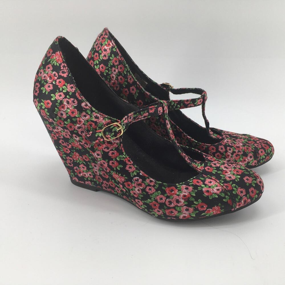 Rocket Dog Floral Mary Jane Wedge Heels 8.5 T-Strap Cottagecore Y2K Whimsygoth